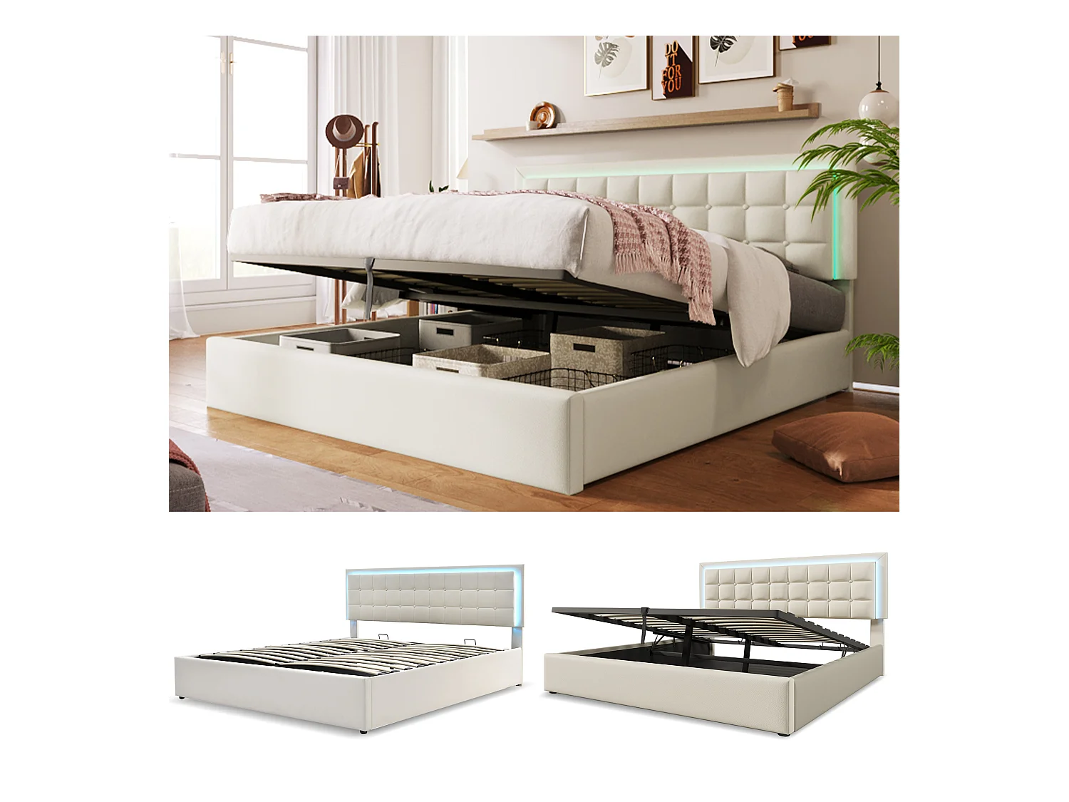 Lit rembourré 140x200 cm en PU blanc avec rangement et éclairage LED, cadre de lit élégant