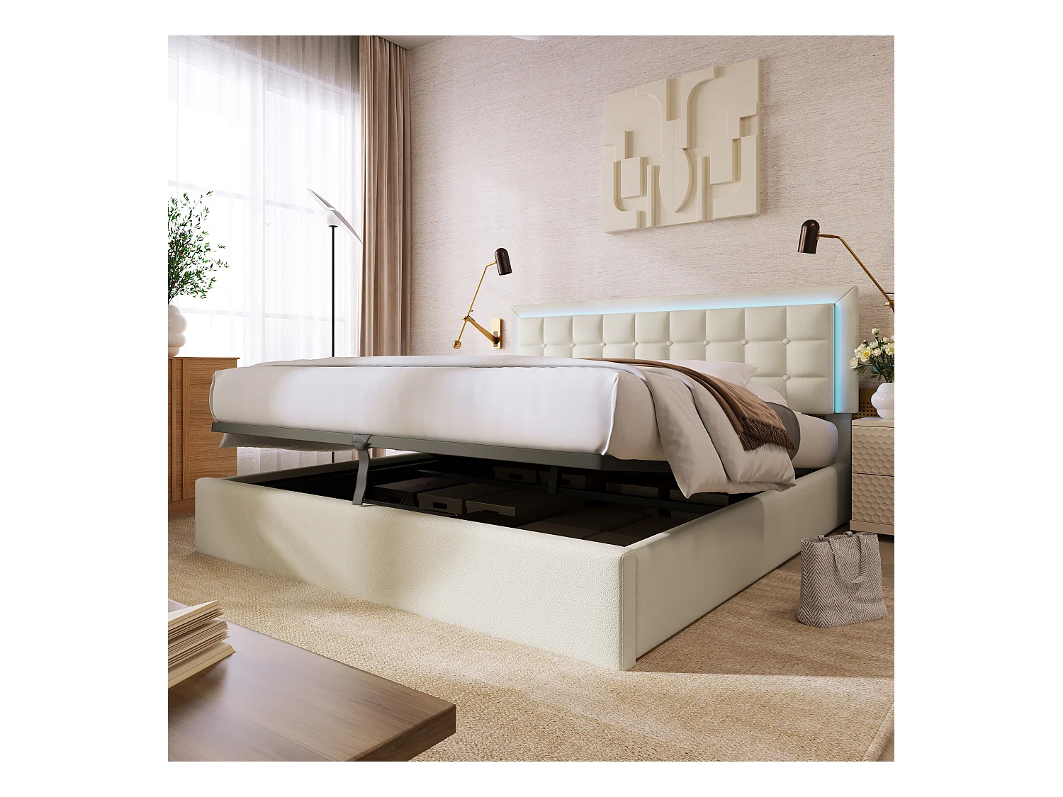 Lit rembourré 140x200 cm en PU blanc avec rangement et éclairage LED, cadre de lit élégant