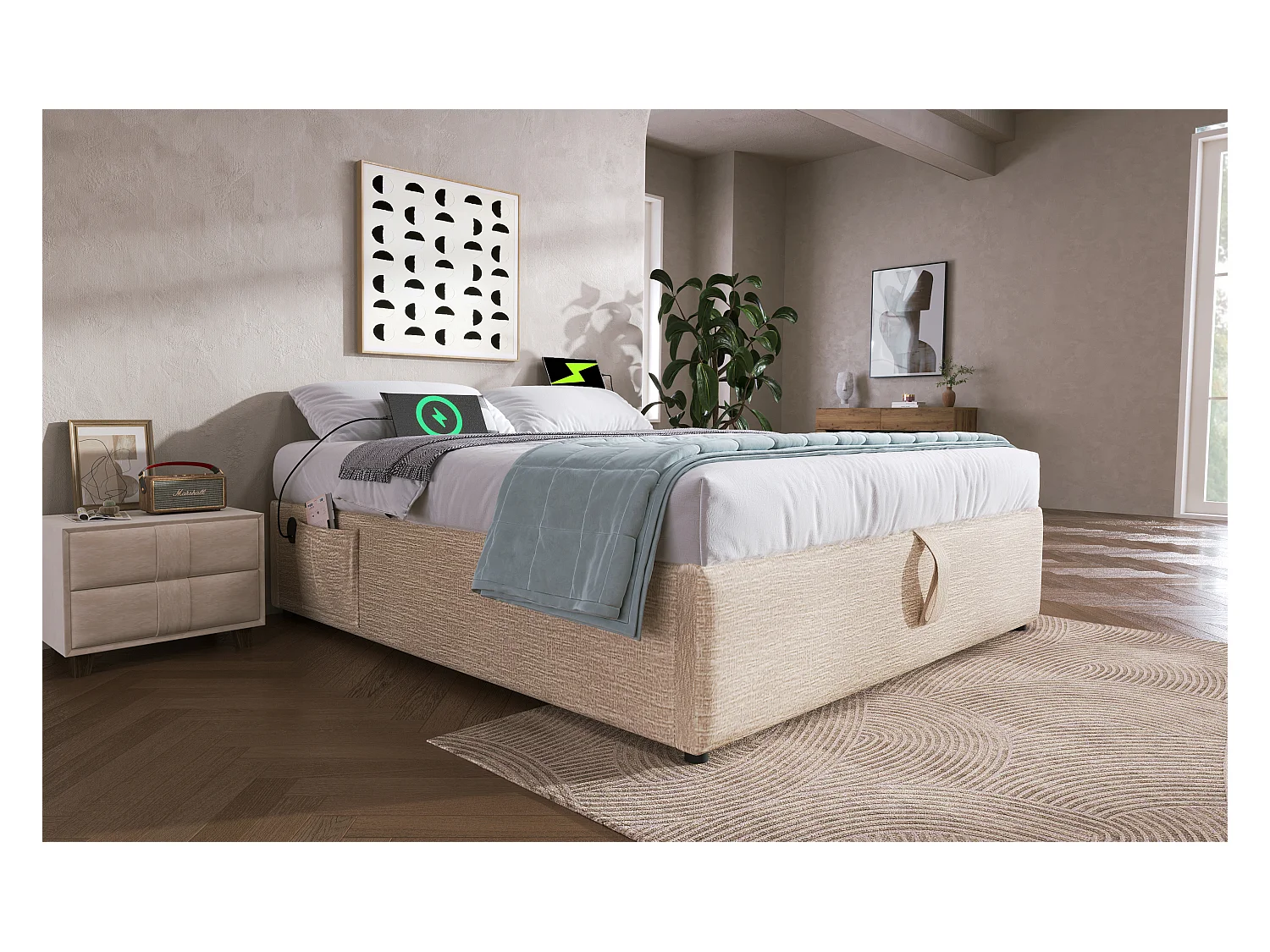 Lit double 160×200 cm, lit de rangement avec USB-C et sommier à lattes, sans tête de lit, en lin naturel