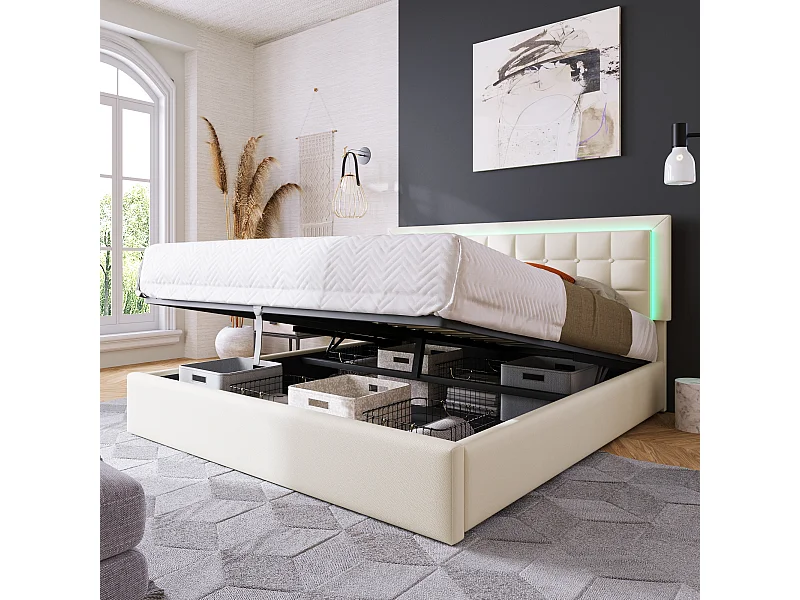 Lit rembourré avec sommier à lattes et espace de rangement 180x200 cm, cuir PU blanc, éclairage LED