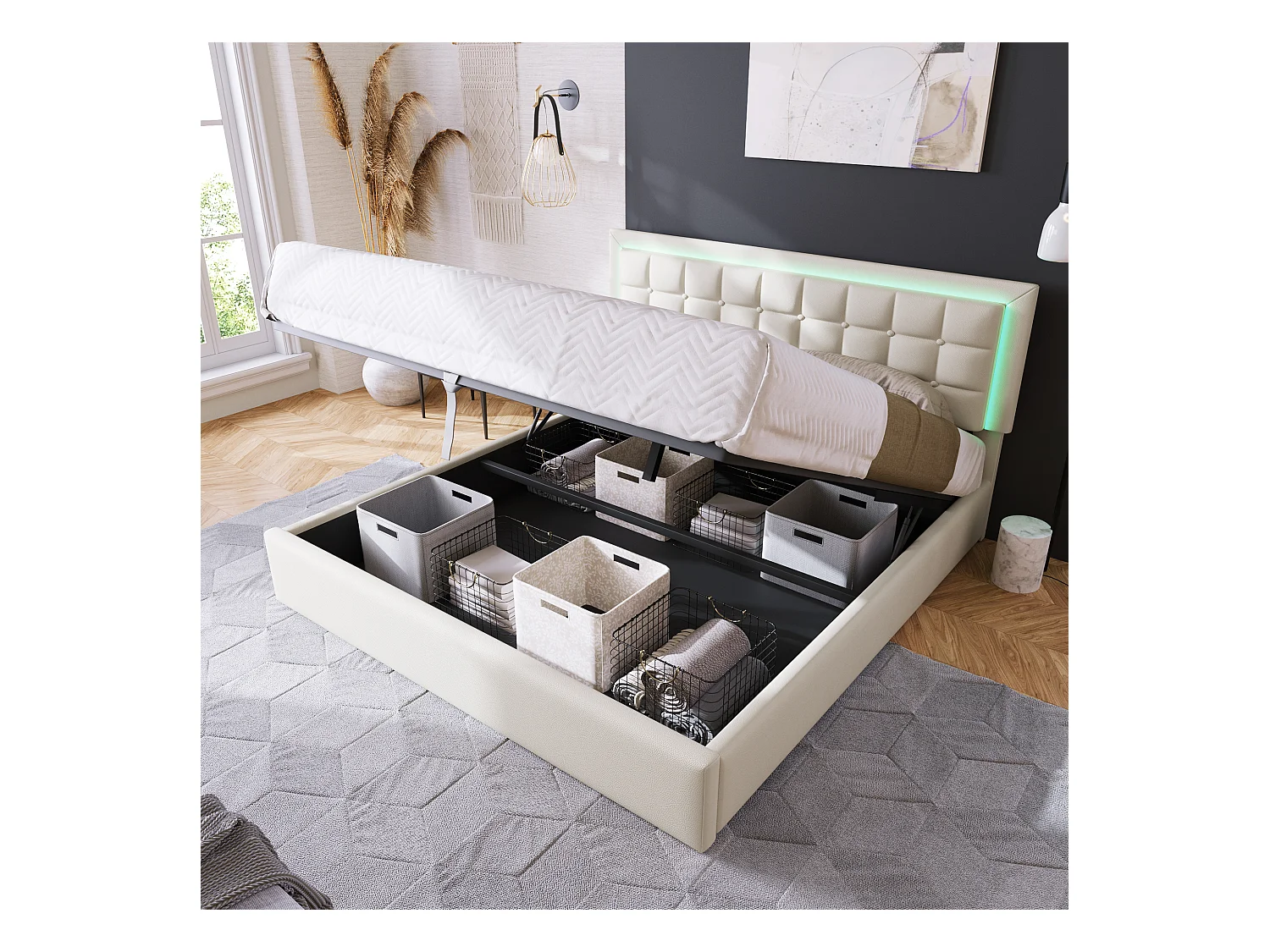 Lit rembourré avec sommier à lattes et espace de rangement 180x200 cm, cuir PU blanc, éclairage LED