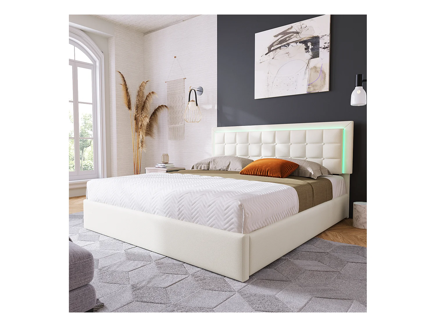 Lit rembourré avec sommier à lattes et espace de rangement 180x200 cm, cuir PU blanc, éclairage LED