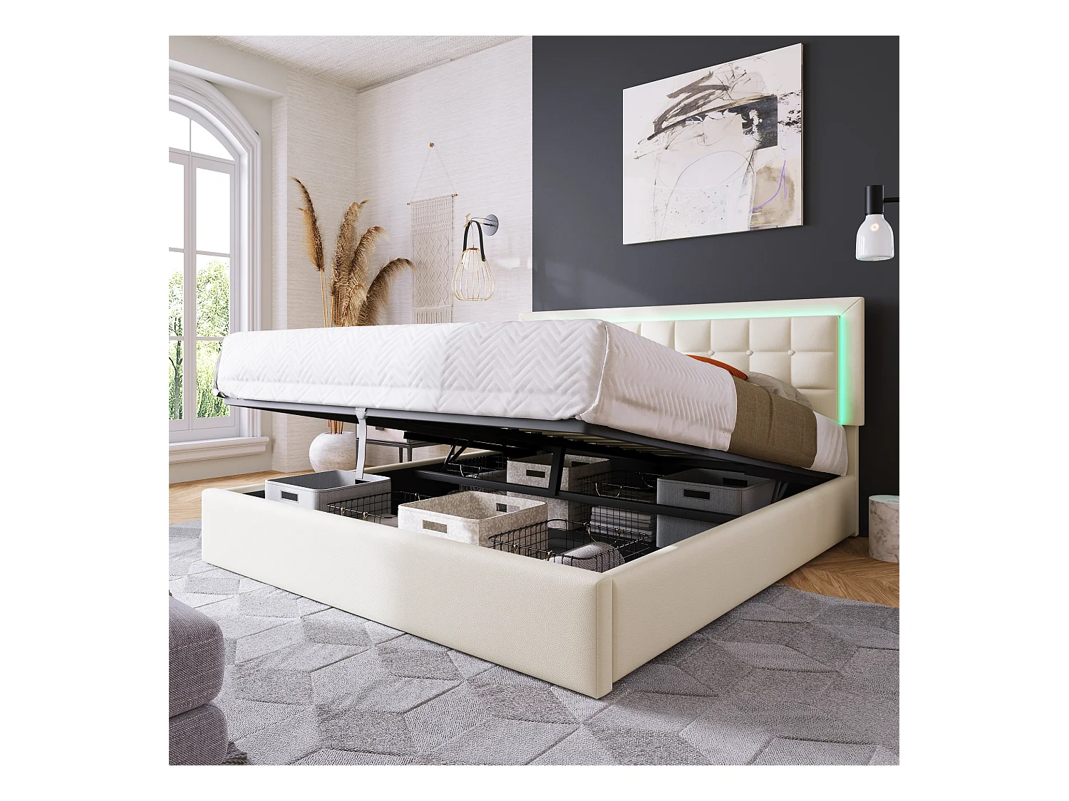 Lit rembourré avec sommier à lattes et espace de rangement 180x200 cm, cuir PU blanc, éclairage LED