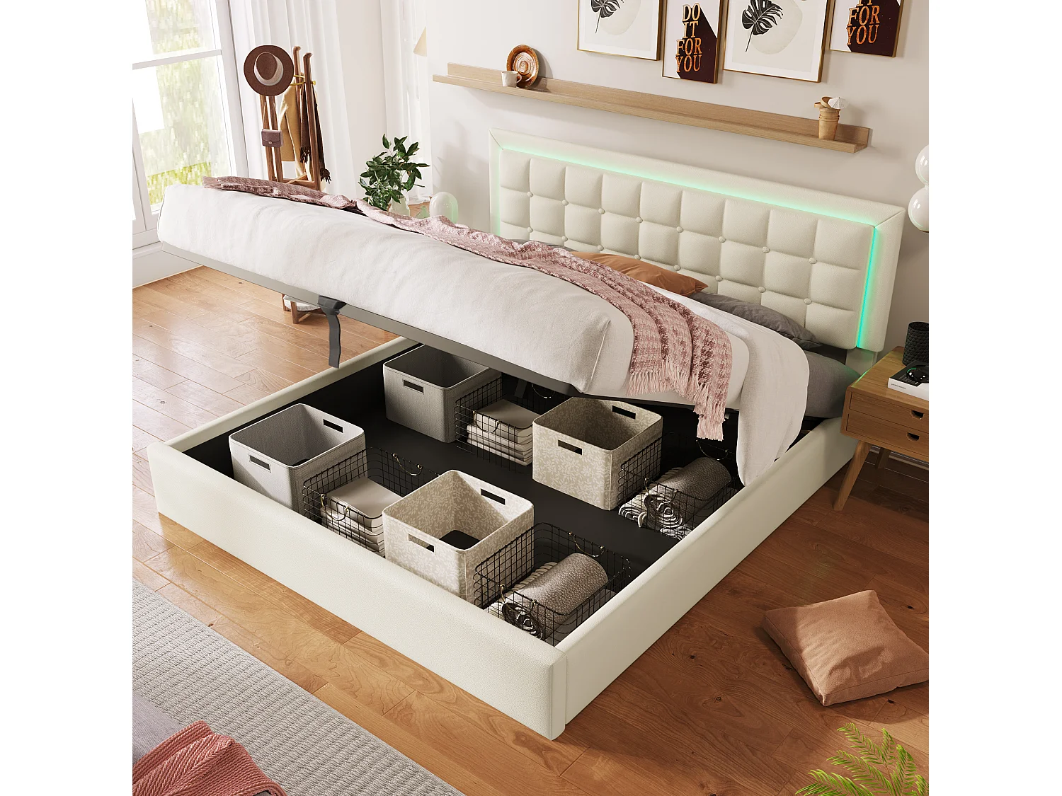 Lit rembourré avec sommier à lattes et espace de rangement 180x200 cm, cuir PU blanc, éclairage LED