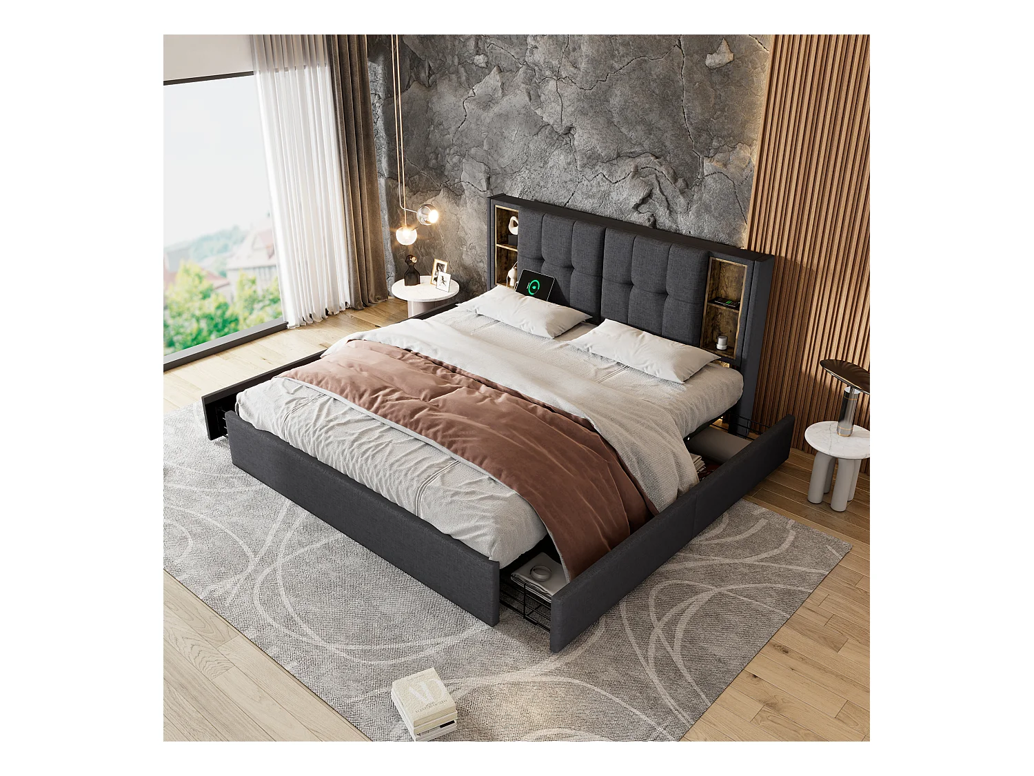 Lit double 160x200 cm avec chargement sans fil USB et 4 tiroirs, cadre en lin gris