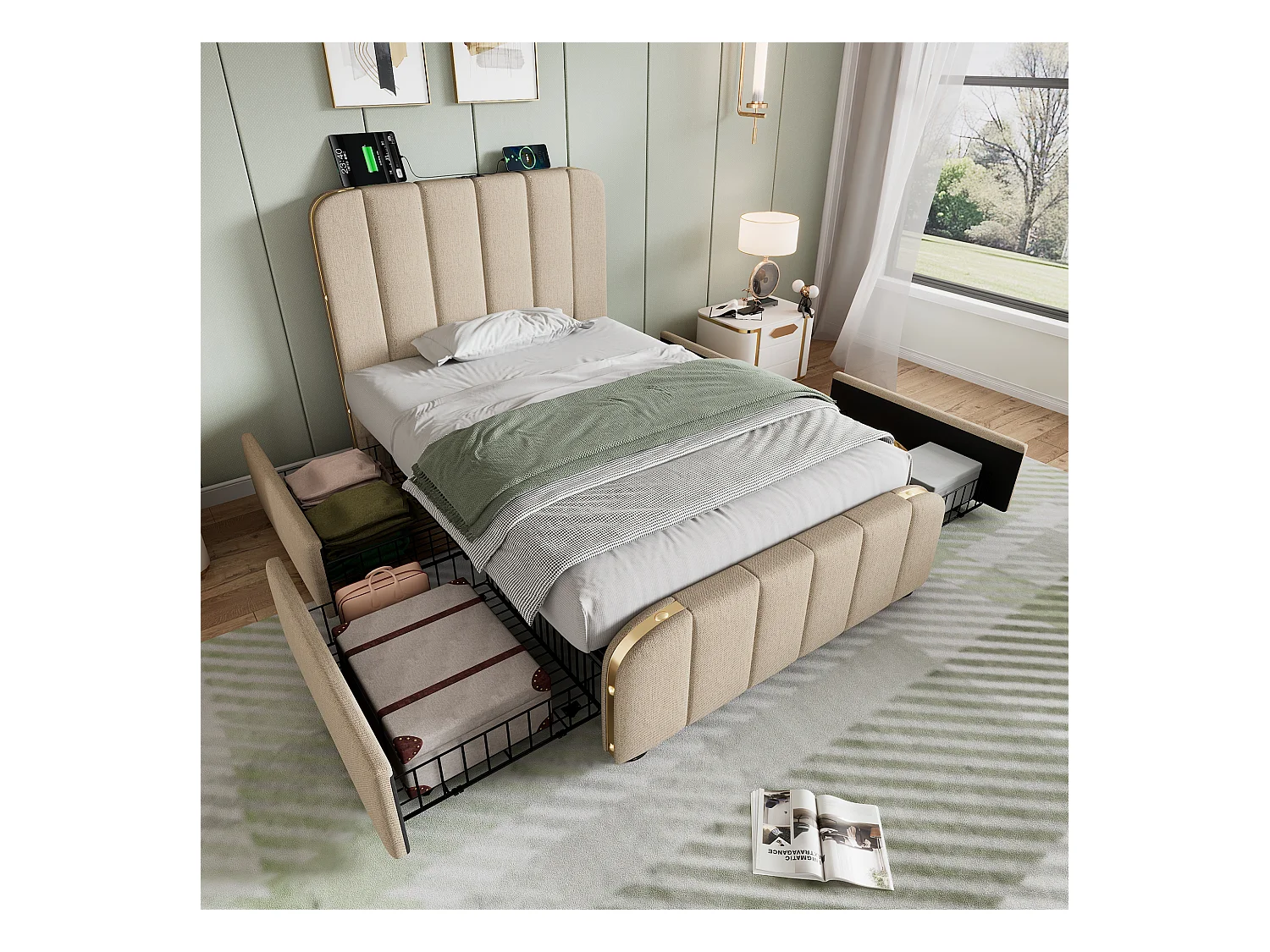 Lit simple 90×200 cm en lin beige avec tête de lit rembourrée et 4 tiroirs pratiques