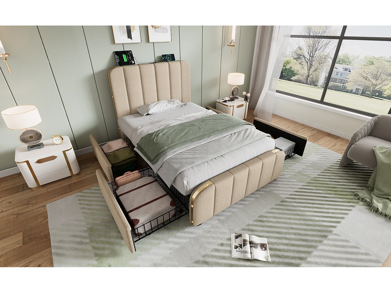 Lit simple 90×200 cm en lin beige avec tête de lit rembourrée et 4 tiroirs pratiques