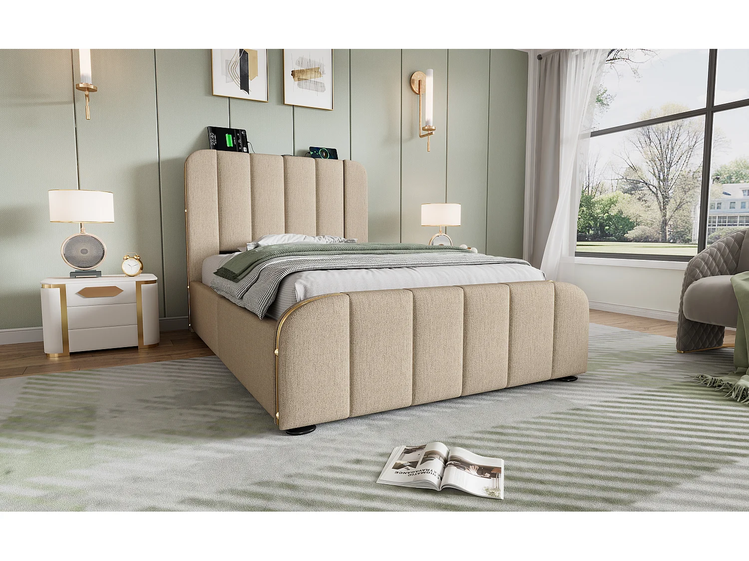 Lit simple 90×200 cm en lin beige avec tête de lit rembourrée et 4 tiroirs pratiques