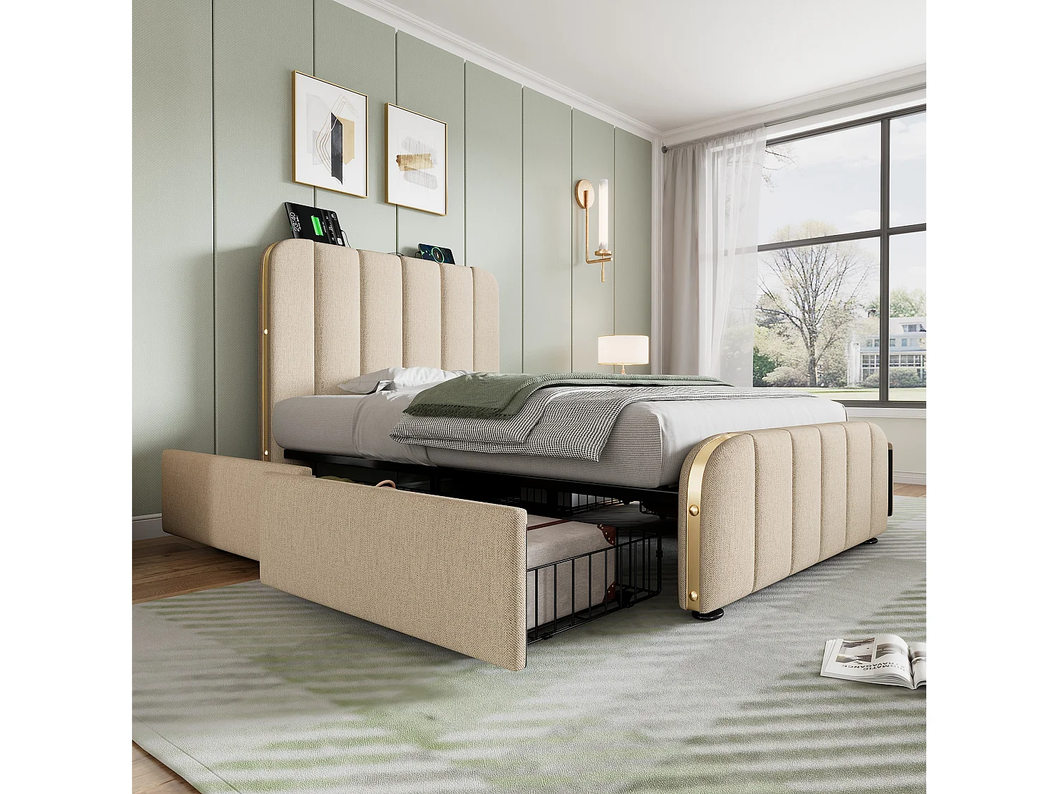 Lit simple 90×200 cm en lin beige avec tête de lit rembourrée et 4 tiroirs pratiques