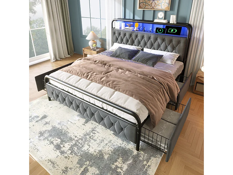Lit double 140×200 cm en velours gris avec éclairage LED, USB et 4 tiroirs de rangement