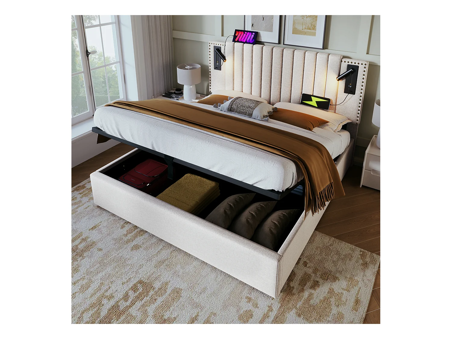 Lit rembourré 180x200 cm, lit double avec espace de rangement, éclairage de lecture avec USB, beige