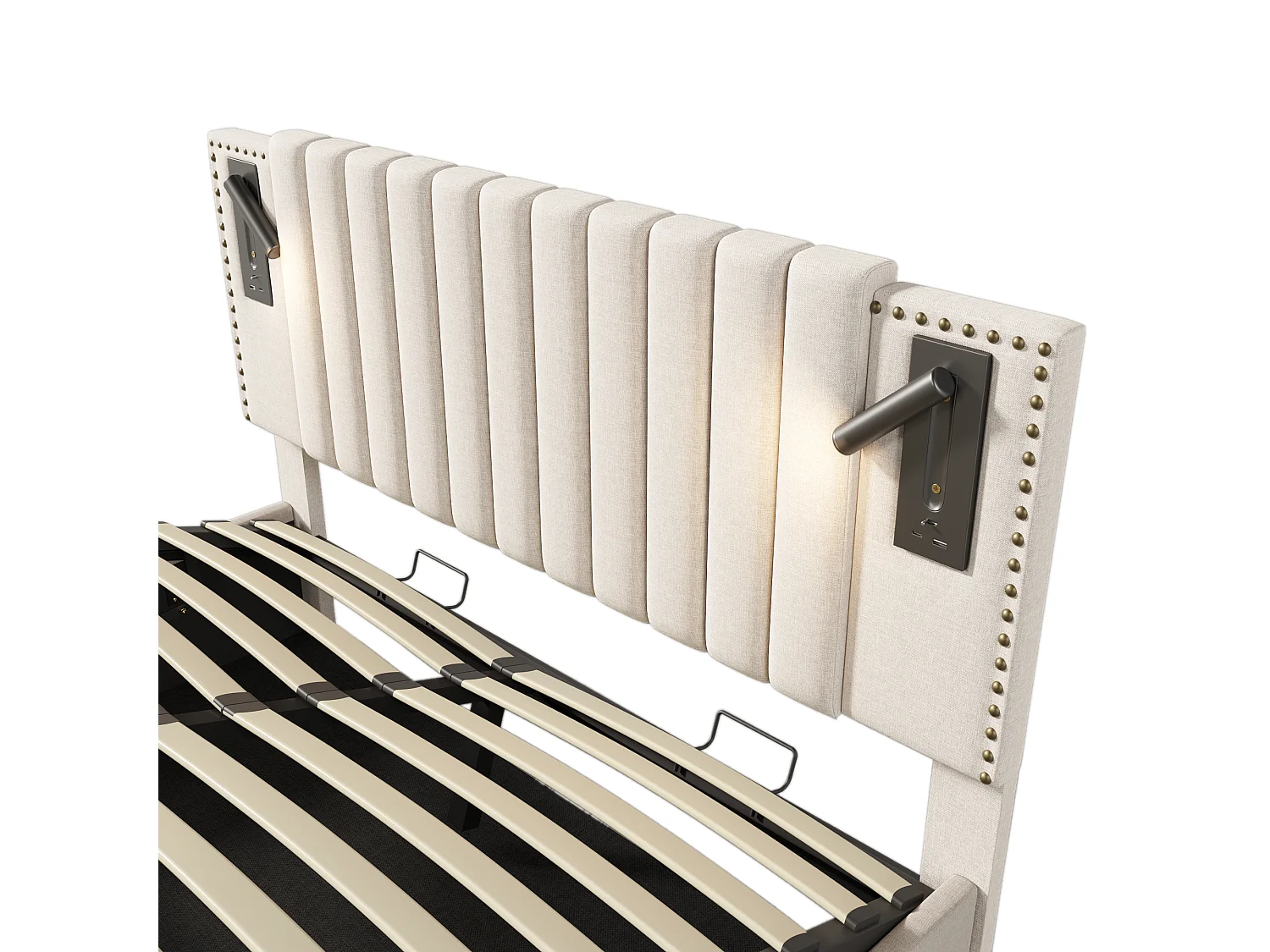 Lit rembourré 180x200 cm, lit double avec espace de rangement, éclairage de lecture avec USB, beige