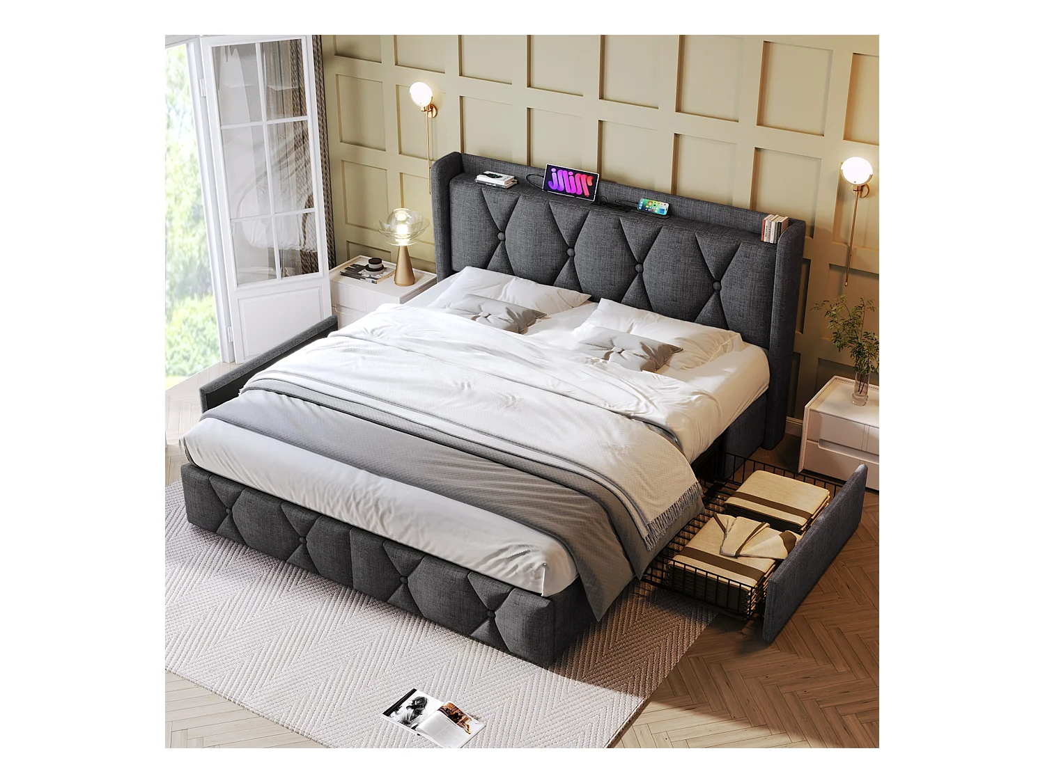 Lit avec rangement 160x200 cm en gris, tête de lit avec prises USB et 4 tiroirs pratiques