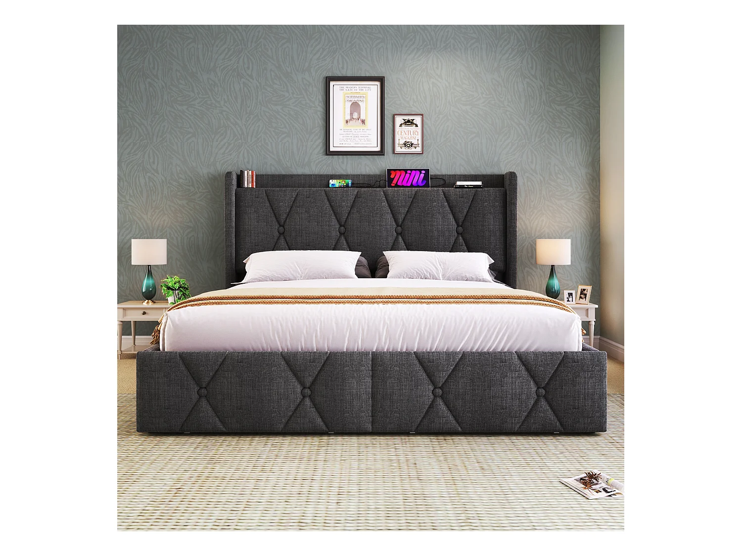 Lit avec rangement 160x200 cm en gris, tête de lit avec prises USB et 4 tiroirs pratiques