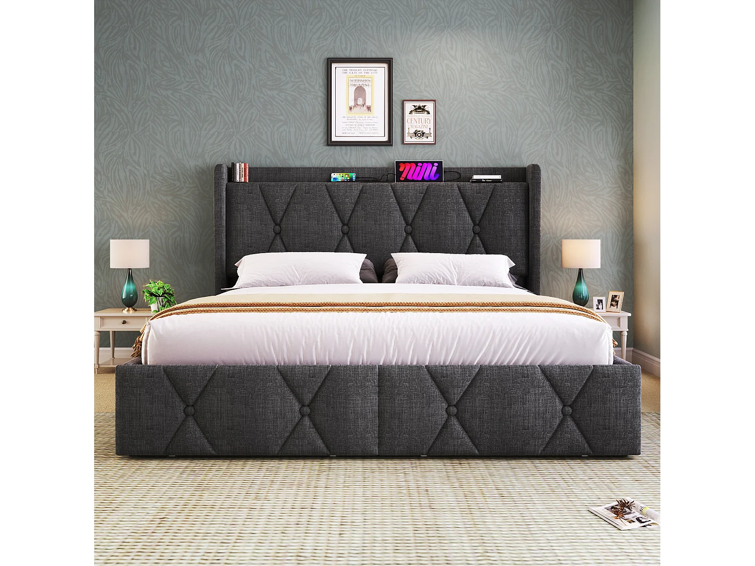 Lit avec rangement 160x200 cm en gris, tête de lit avec prises USB et 4 tiroirs pratiques