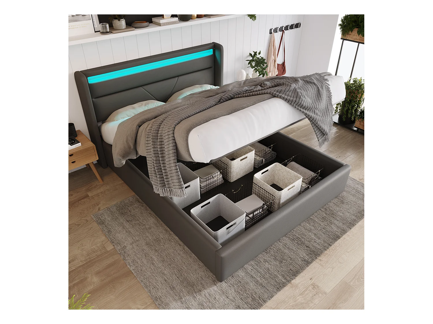 Lit coffre hydraulique avec éclairage LED, lit double 140x200 cm, gris, avec télécommande et rangement