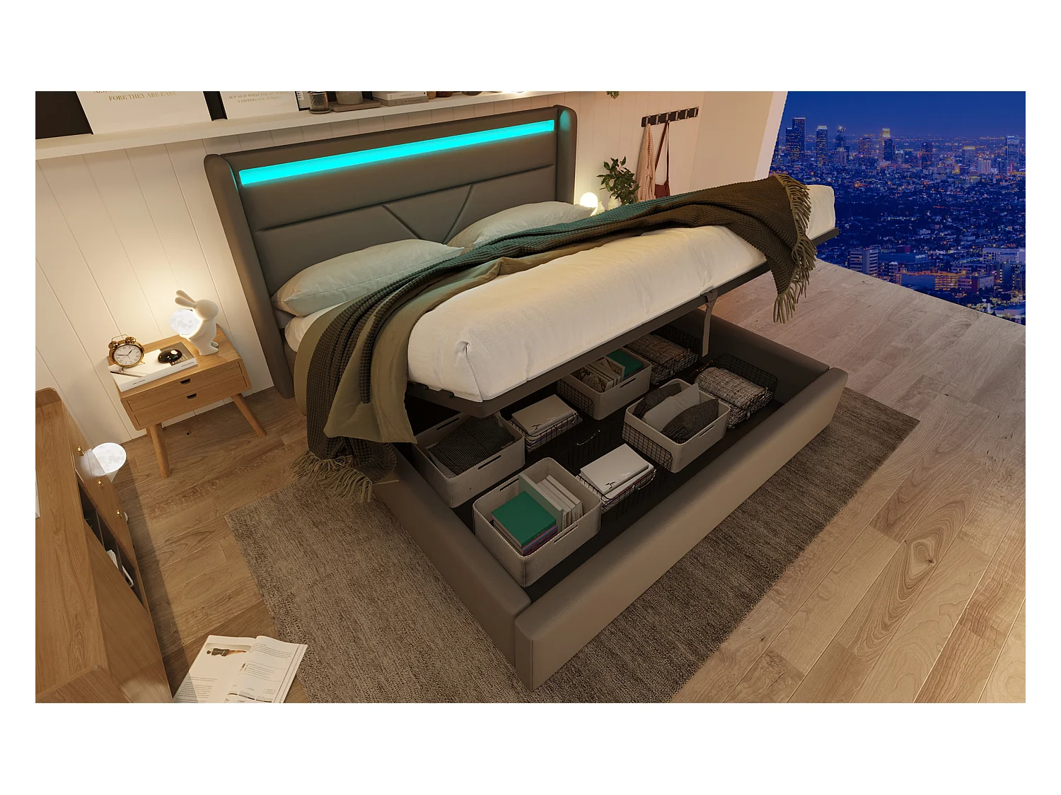 Lit coffre hydraulique avec éclairage LED, lit double 140x200 cm, gris, avec télécommande et rangement