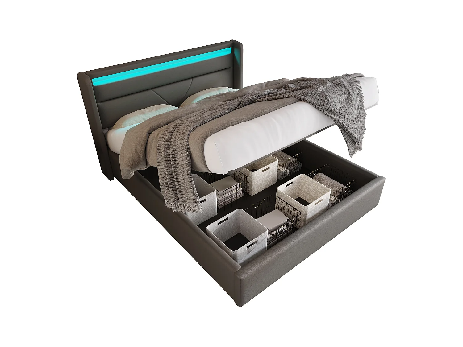 Lit coffre hydraulique avec éclairage LED, lit double 140x200 cm, gris, avec télécommande et rangement