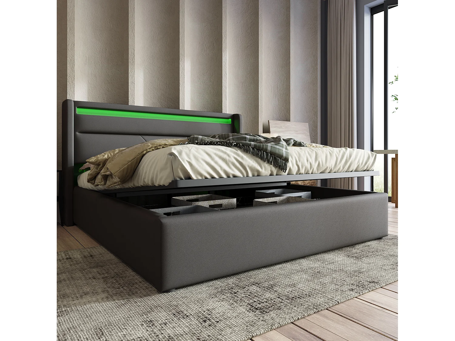 Lit coffre hydraulique avec éclairage LED, lit double 140x200 cm, gris, avec télécommande et rangement