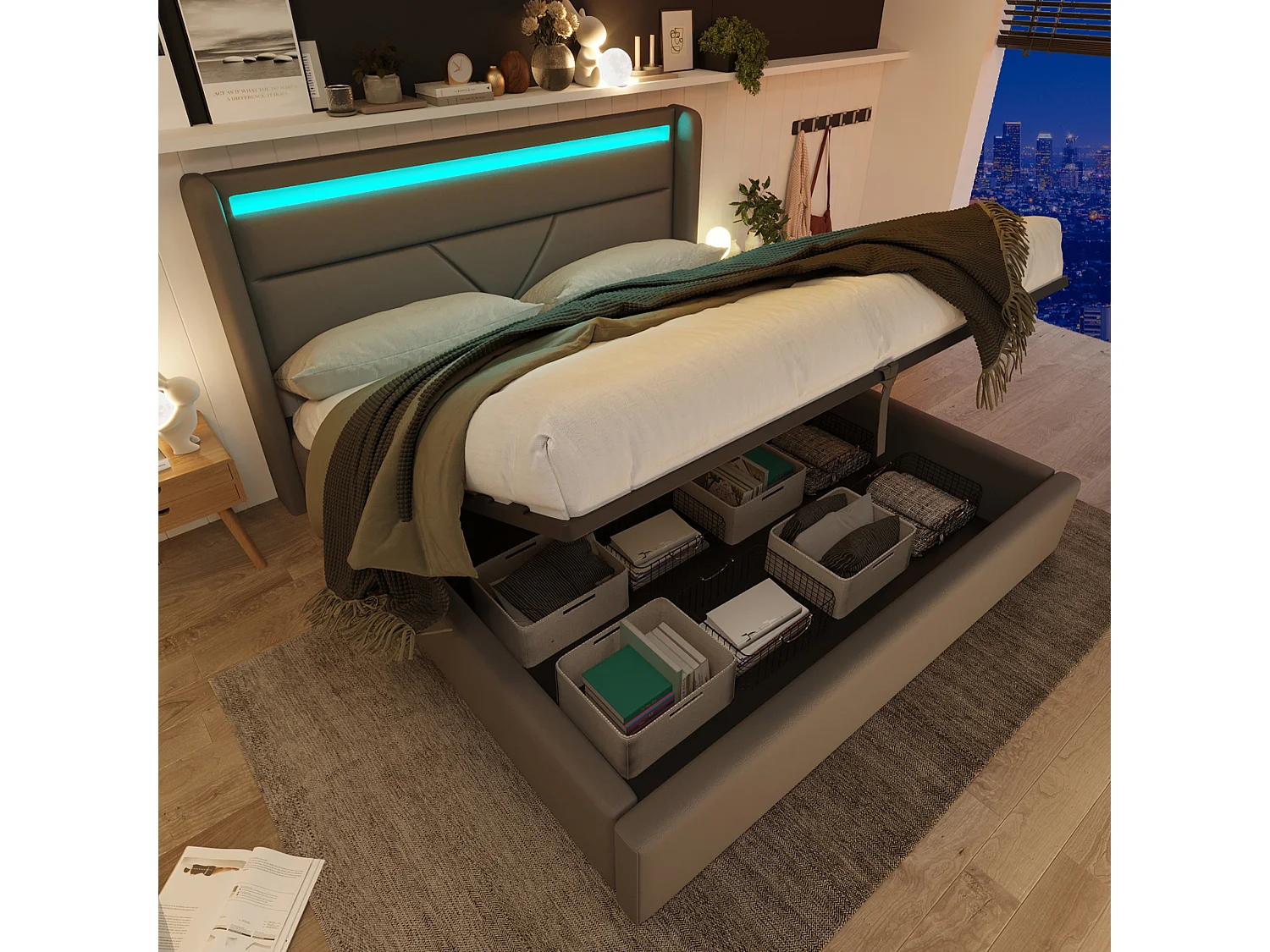 Lit coffre hydraulique avec éclairage LED, lit double 140x200 cm, gris, avec télécommande et rangement