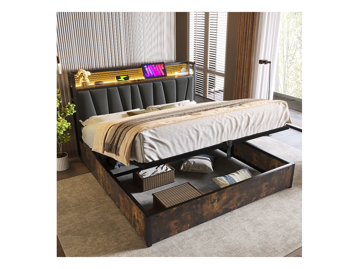 Lit double 180×200 cm en gris avec tête de lit LED, prises USB et rangement sous le lit