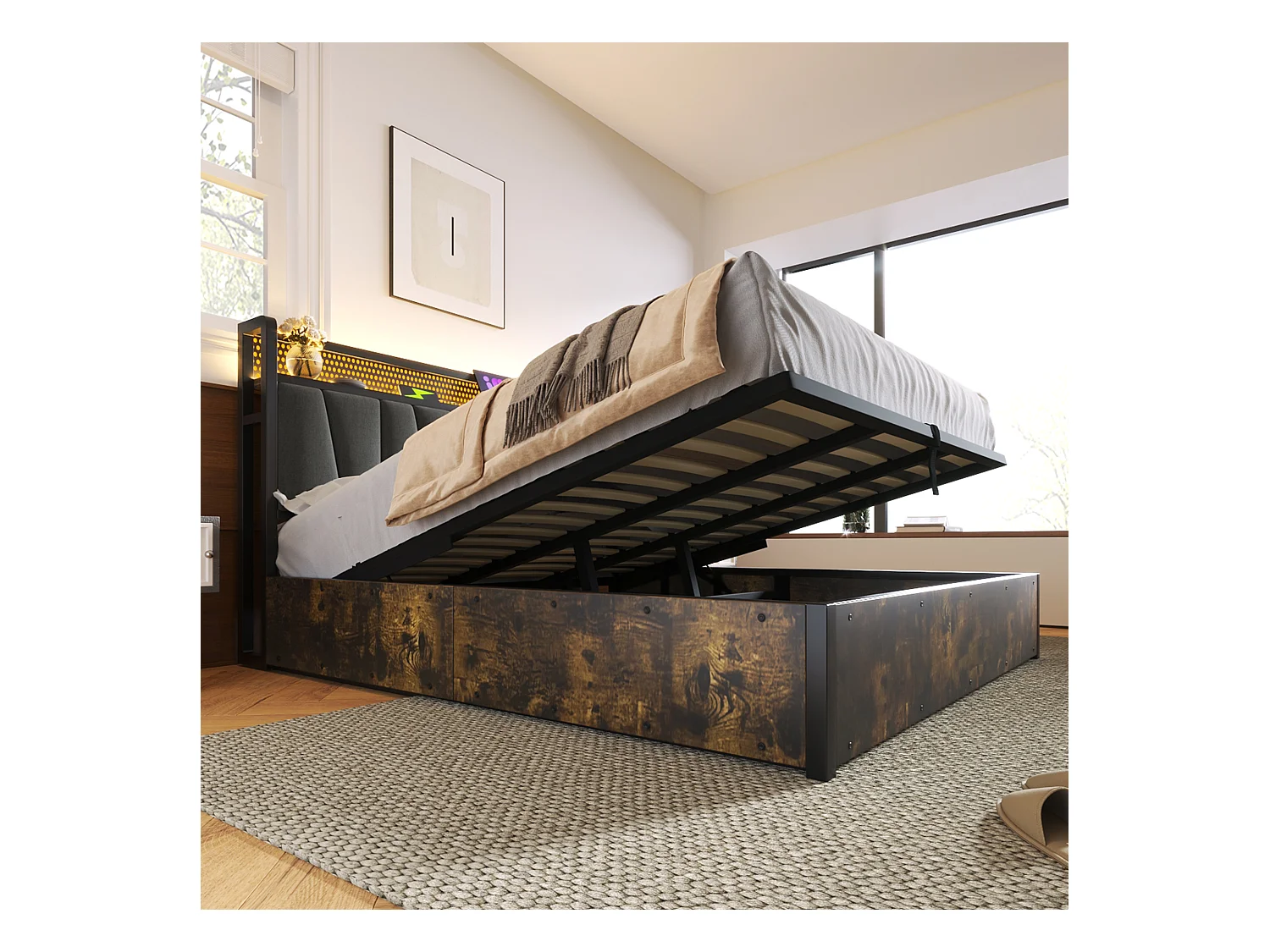 Lit double 180×200 cm en gris avec tête de lit LED, prises USB et rangement sous le lit