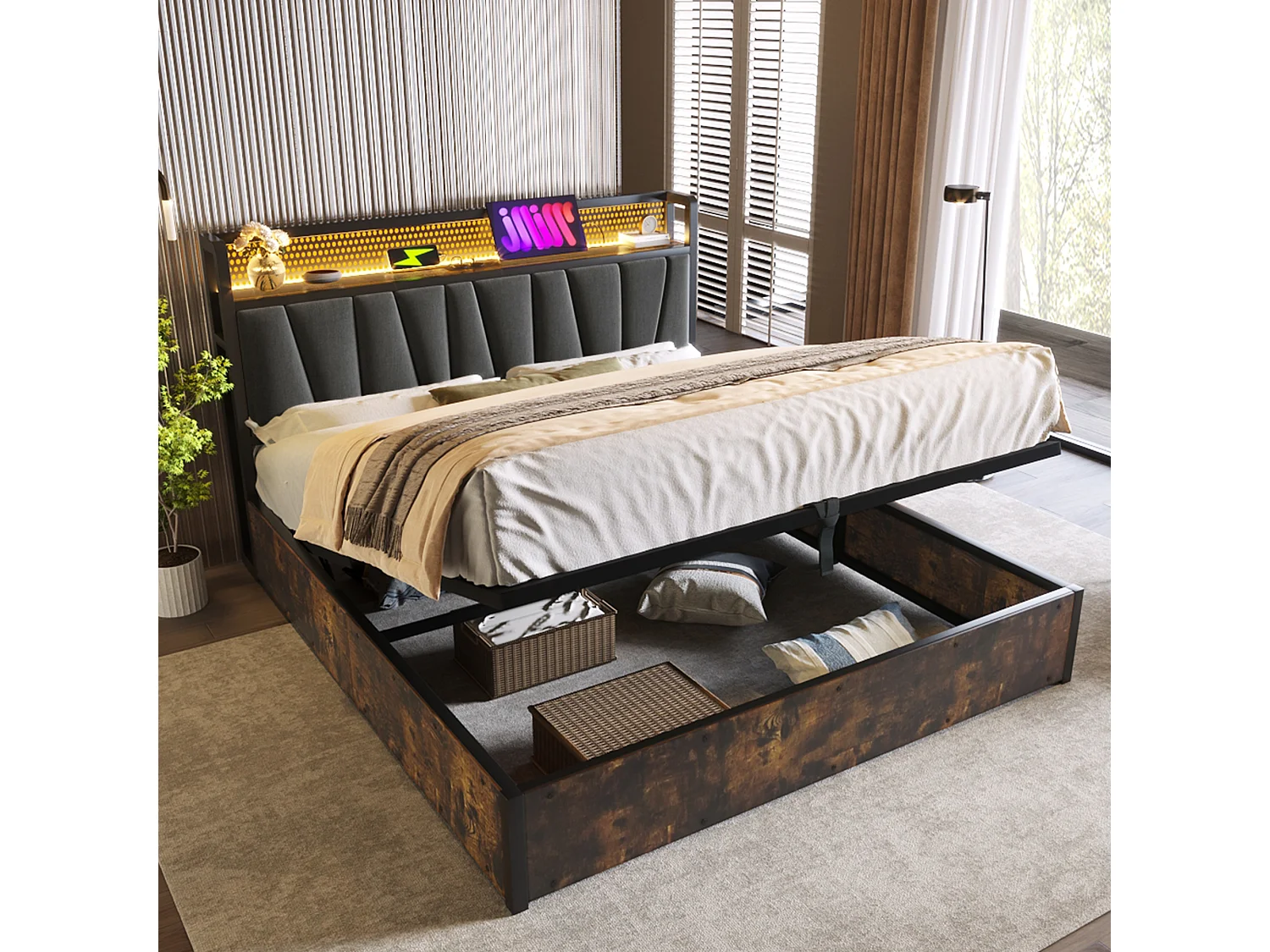 Lit double 180×200 cm en gris avec tête de lit LED, prises USB et rangement sous le lit