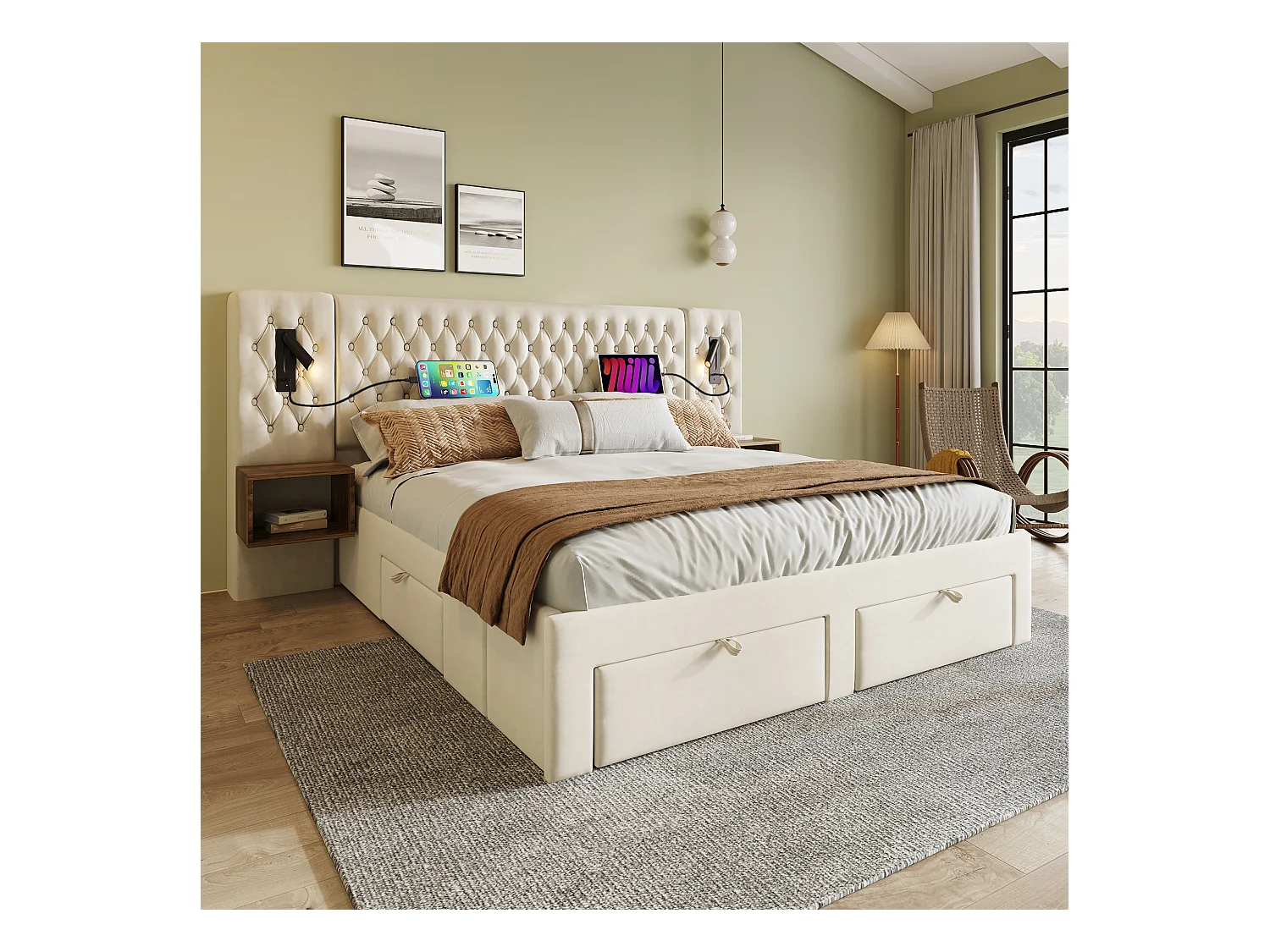 Lit double 180×200 cm en velours beige avec 2 tables de nuit et 4 tiroirs, éclairage USB