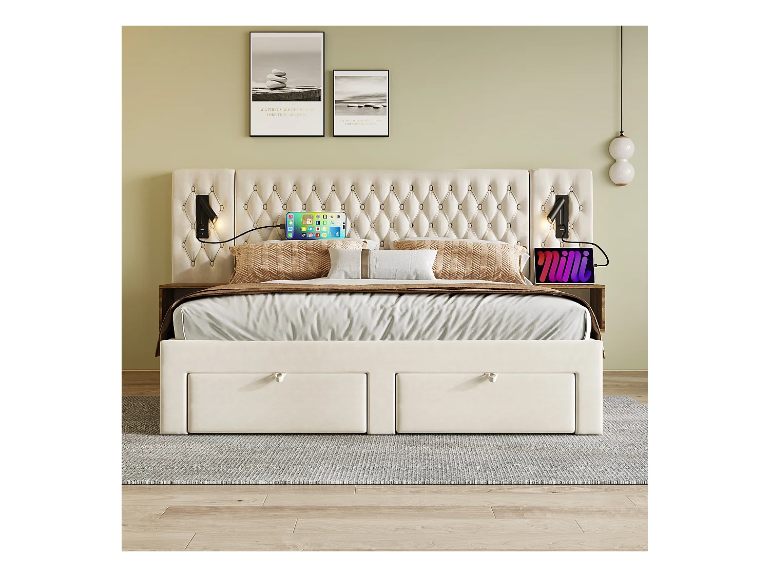 Lit double 180×200 cm en velours beige avec 2 tables de nuit et 4 tiroirs, éclairage USB