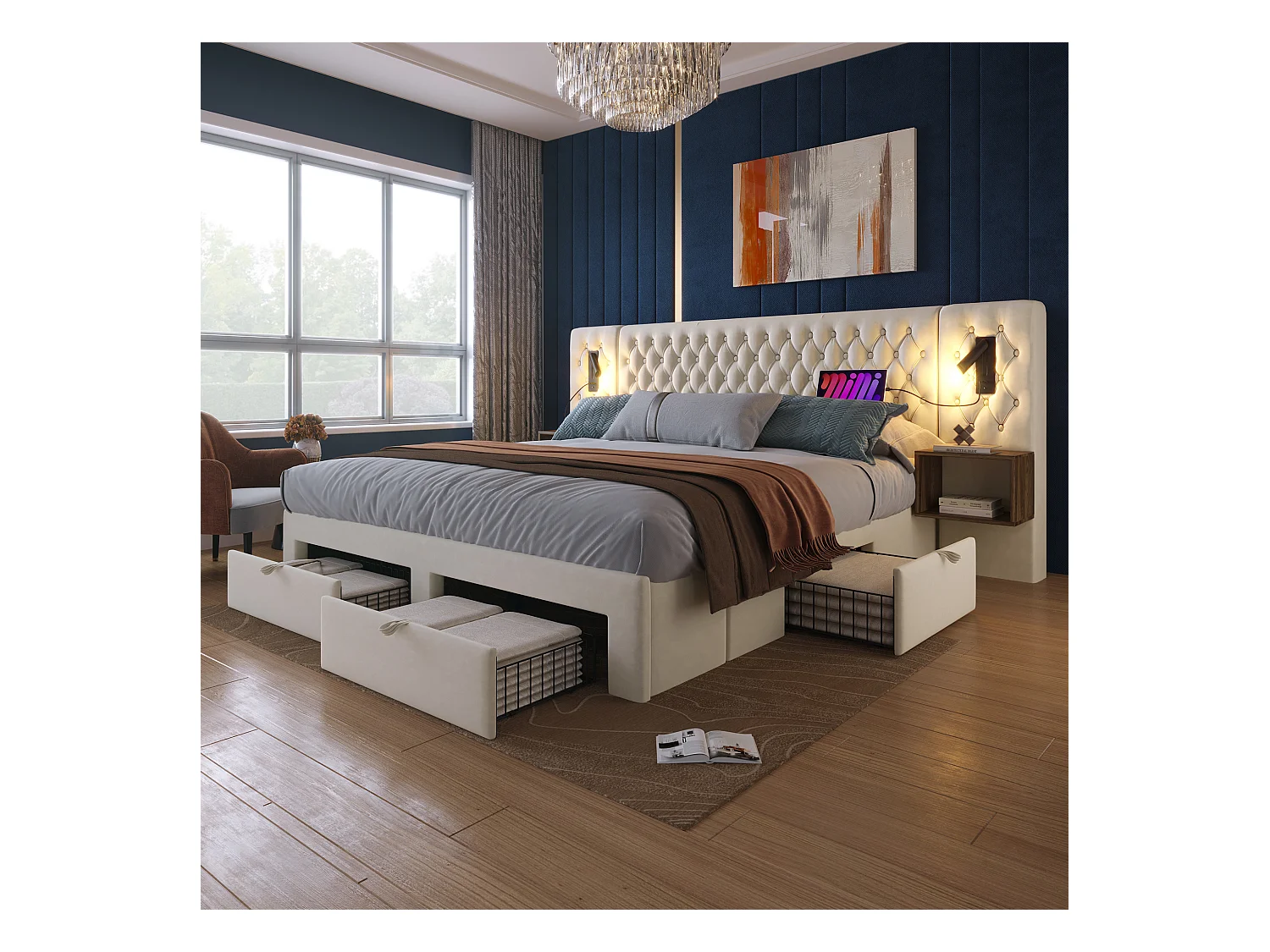 Lit double 180×200 cm en velours beige avec 2 tables de nuit et 4 tiroirs, éclairage USB