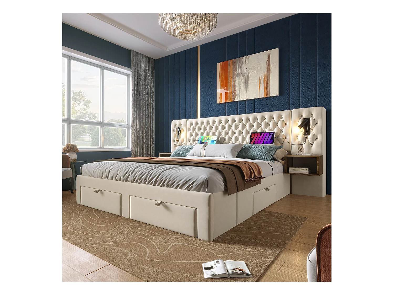 Lit double 180×200 cm en velours beige avec 2 tables de nuit et 4 tiroirs, éclairage USB