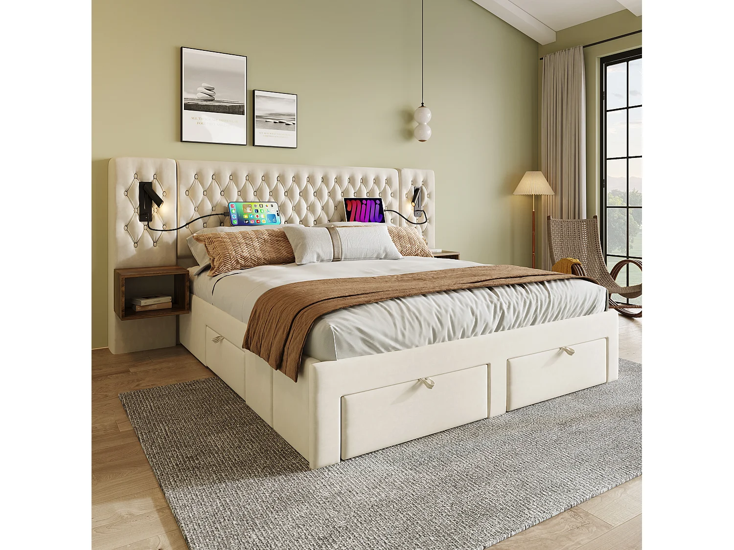 Lit double 180×200 cm en velours beige avec 2 tables de nuit et 4 tiroirs, éclairage USB