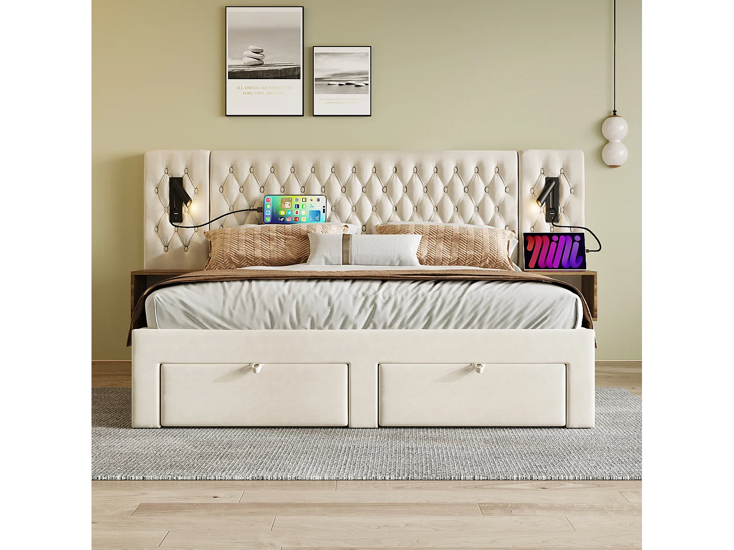 Lit double 180×200 cm en velours beige avec 2 tables de nuit et 4 tiroirs, éclairage USB