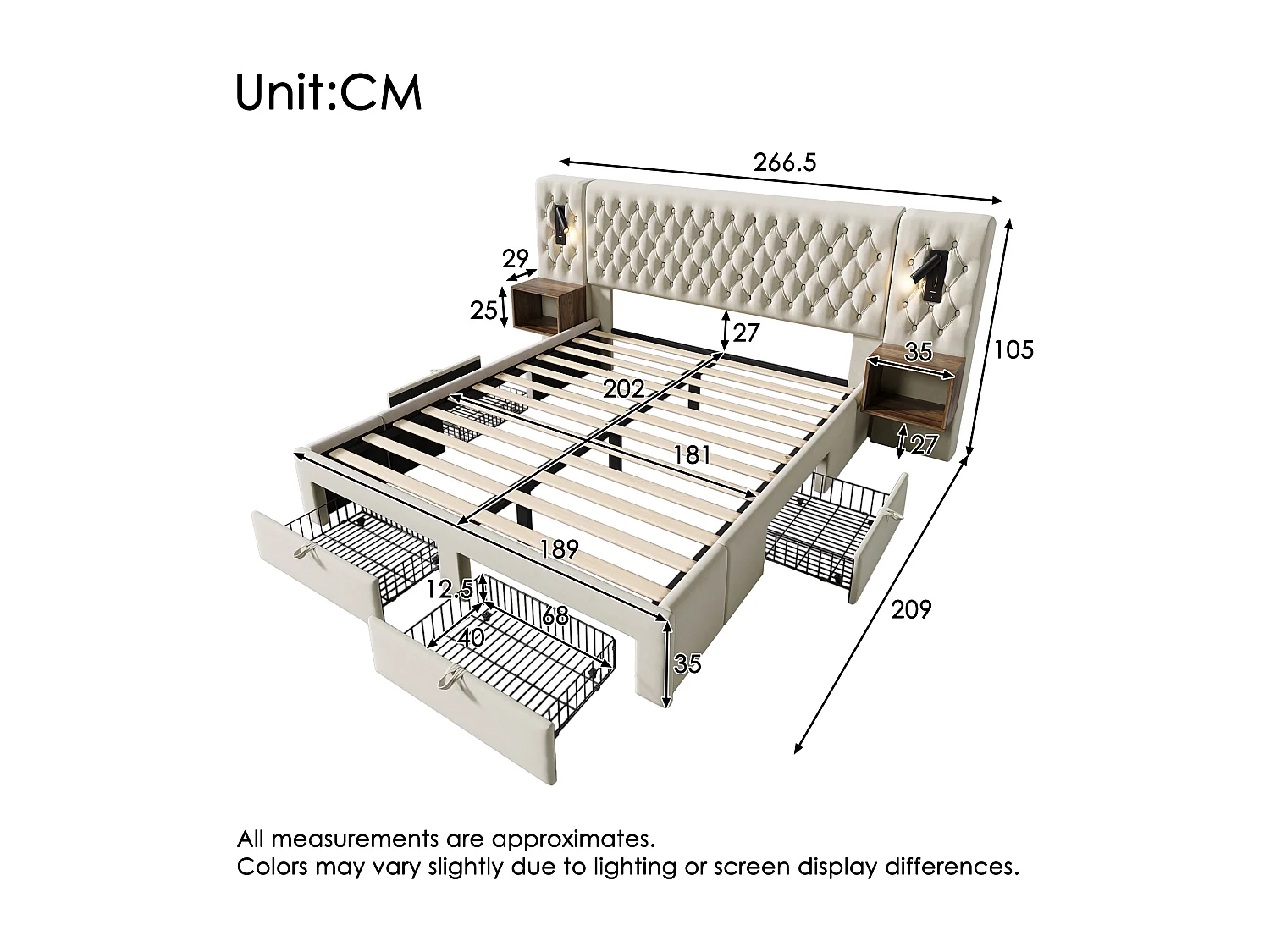 Lit double 180×200 cm en velours beige avec 2 tables de nuit et 4 tiroirs, éclairage USB
