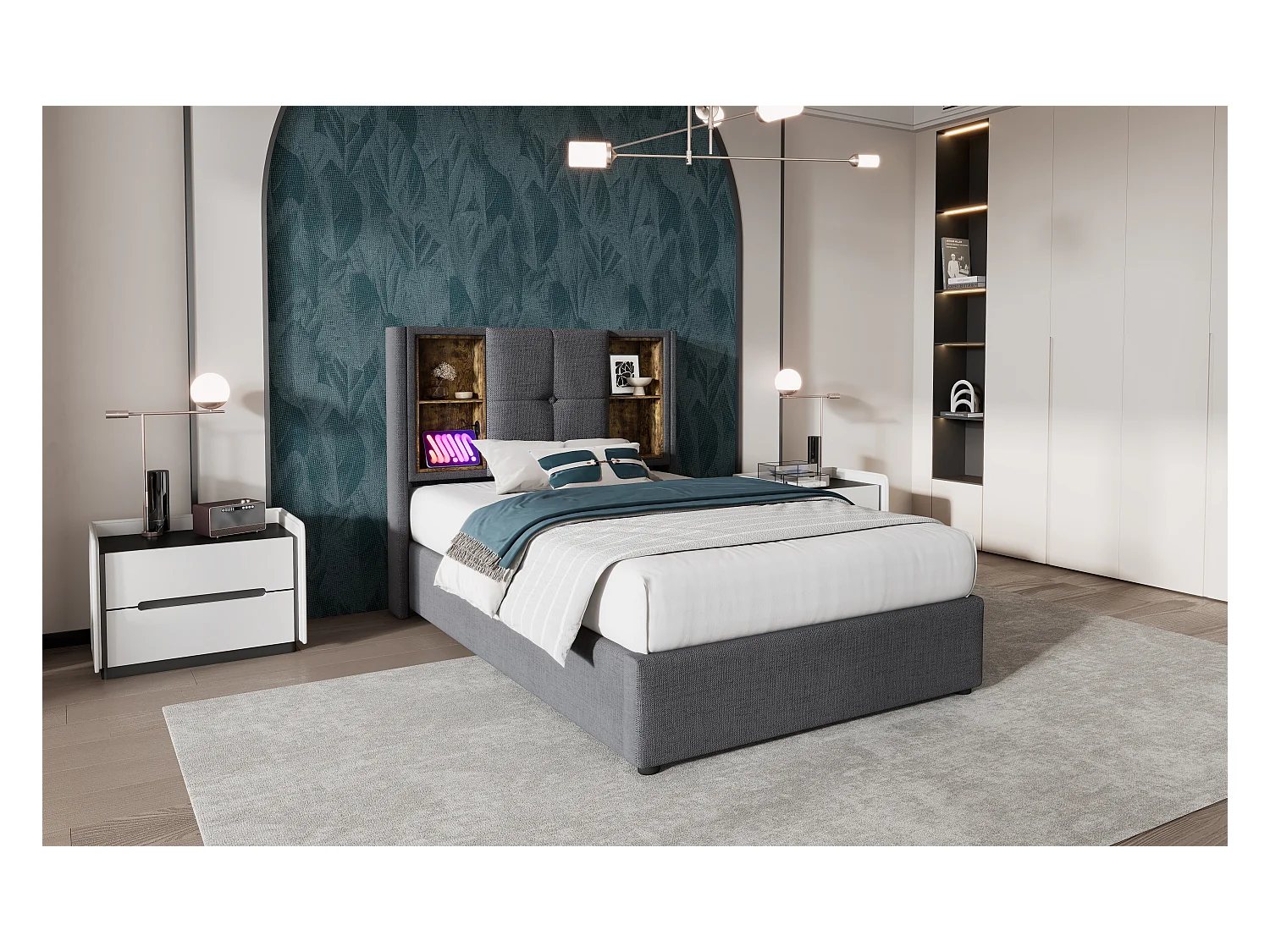 Lit simple 90x200 cm avec chargement sans fil et rangement, cadre en coton gris