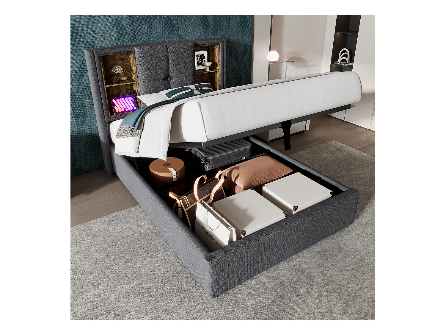 Lit simple 90x200 cm avec chargement sans fil et rangement, cadre en coton gris