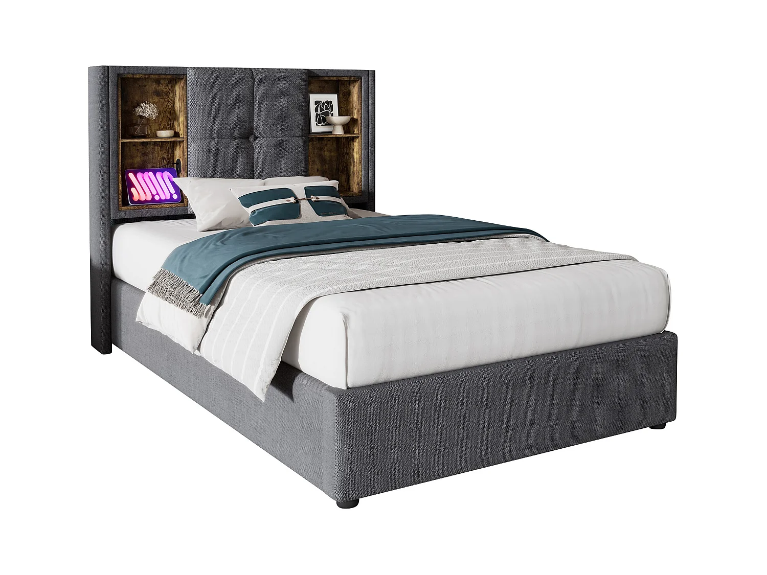 Lit simple 90x200 cm avec chargement sans fil et rangement, cadre en coton gris