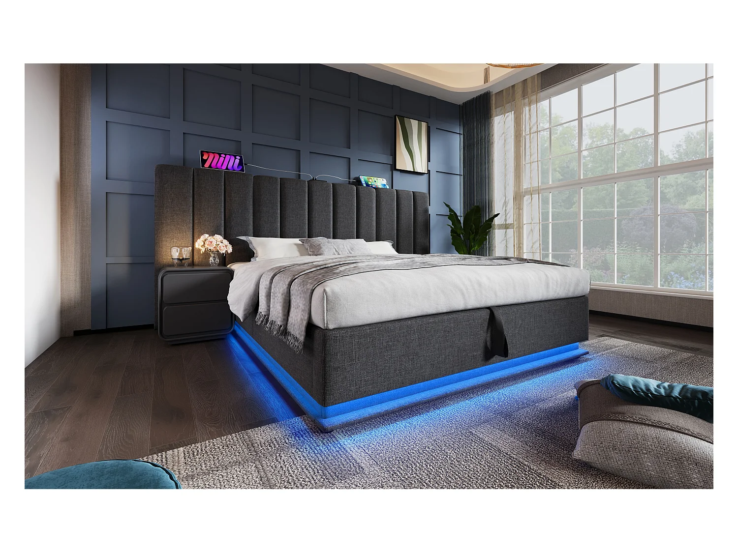 Lit rembourré 180×200 cm, lit double avec fonction de rangement, contrôle LED et charge USB-C, cadre avec lattes