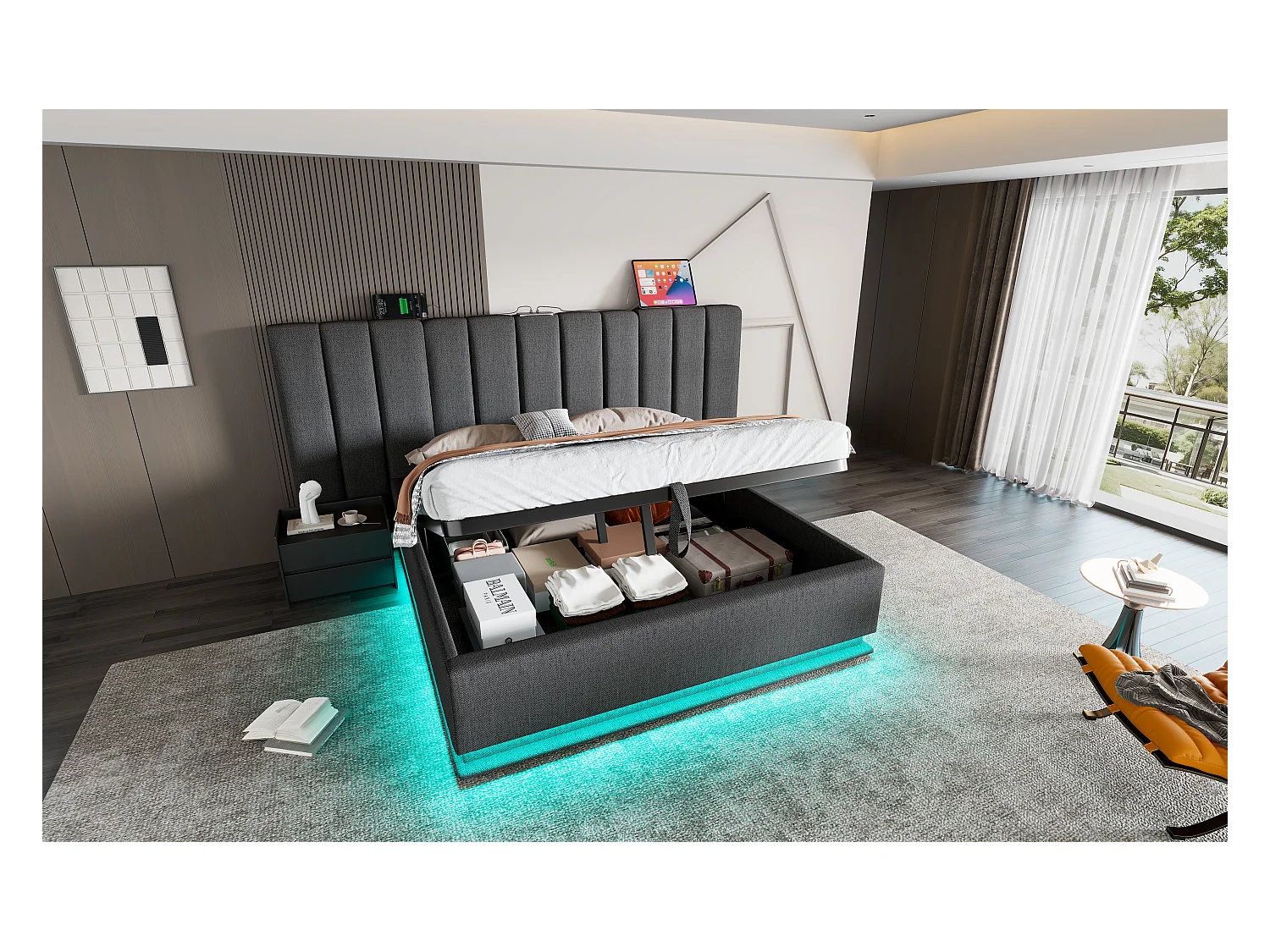 Lit rembourré 180×200 cm, lit double avec fonction de rangement, contrôle LED et charge USB-C, cadre avec lattes