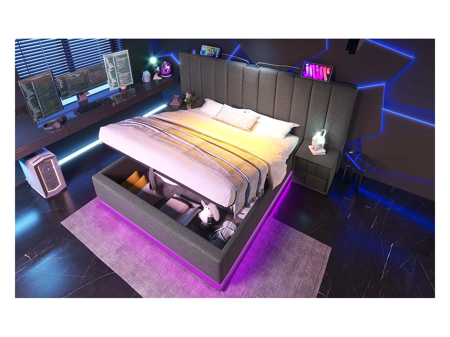 Lit rembourré 180×200 cm, lit double avec fonction de rangement, contrôle LED et charge USB-C, cadre avec lattes