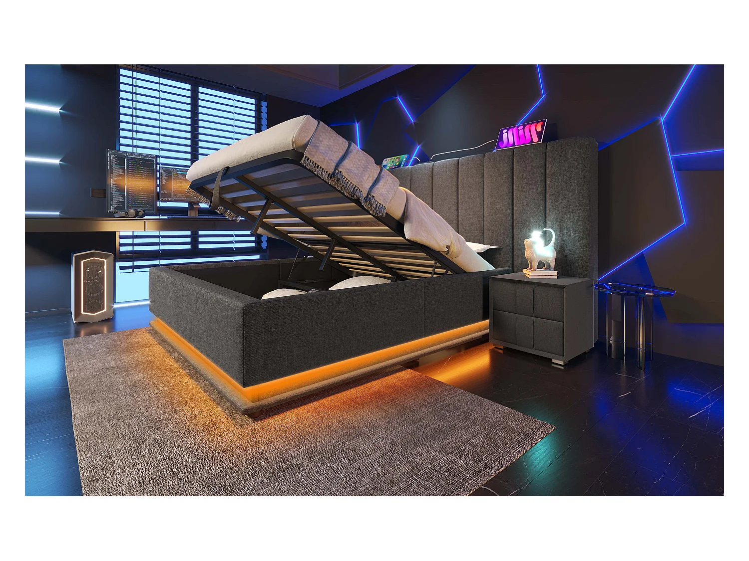 Lit rembourré 180×200 cm, lit double avec fonction de rangement, contrôle LED et charge USB-C, cadre avec lattes