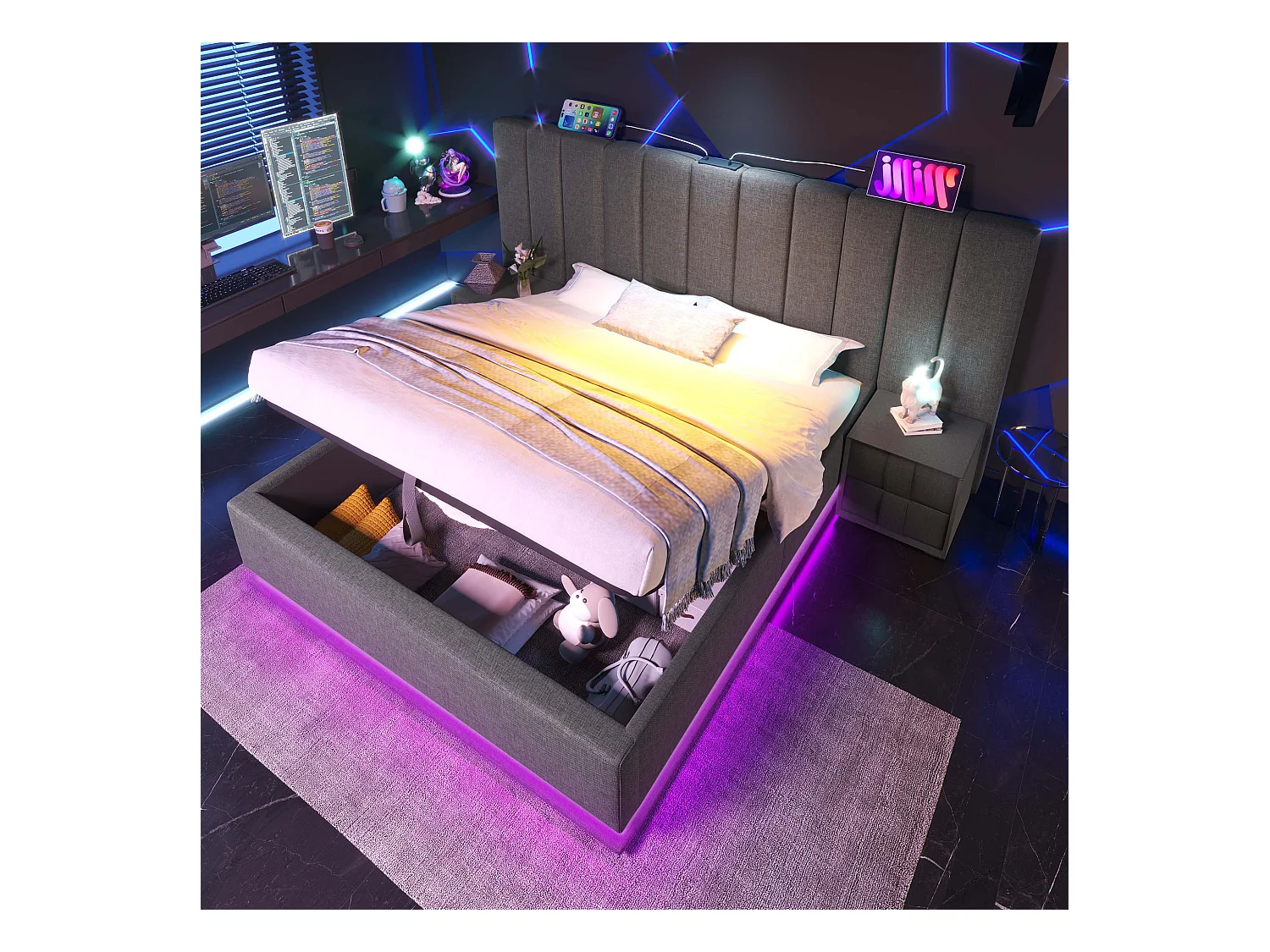 Lit rembourré 180×200 cm, lit double avec fonction de rangement, contrôle LED et charge USB-C, cadre avec lattes