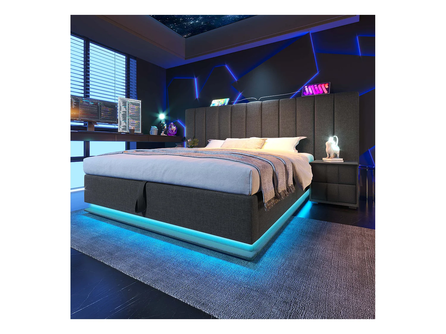 Lit rembourré 180×200 cm, lit double avec fonction de rangement, contrôle LED et charge USB-C, cadre avec lattes