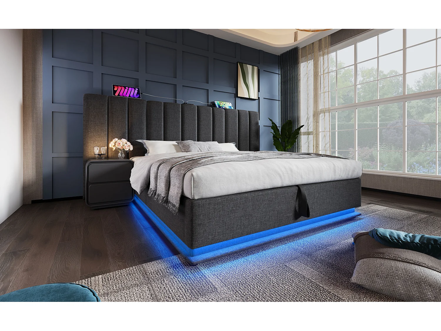 Lit rembourré 180×200 cm, lit double avec fonction de rangement, contrôle LED et charge USB-C, cadre avec lattes