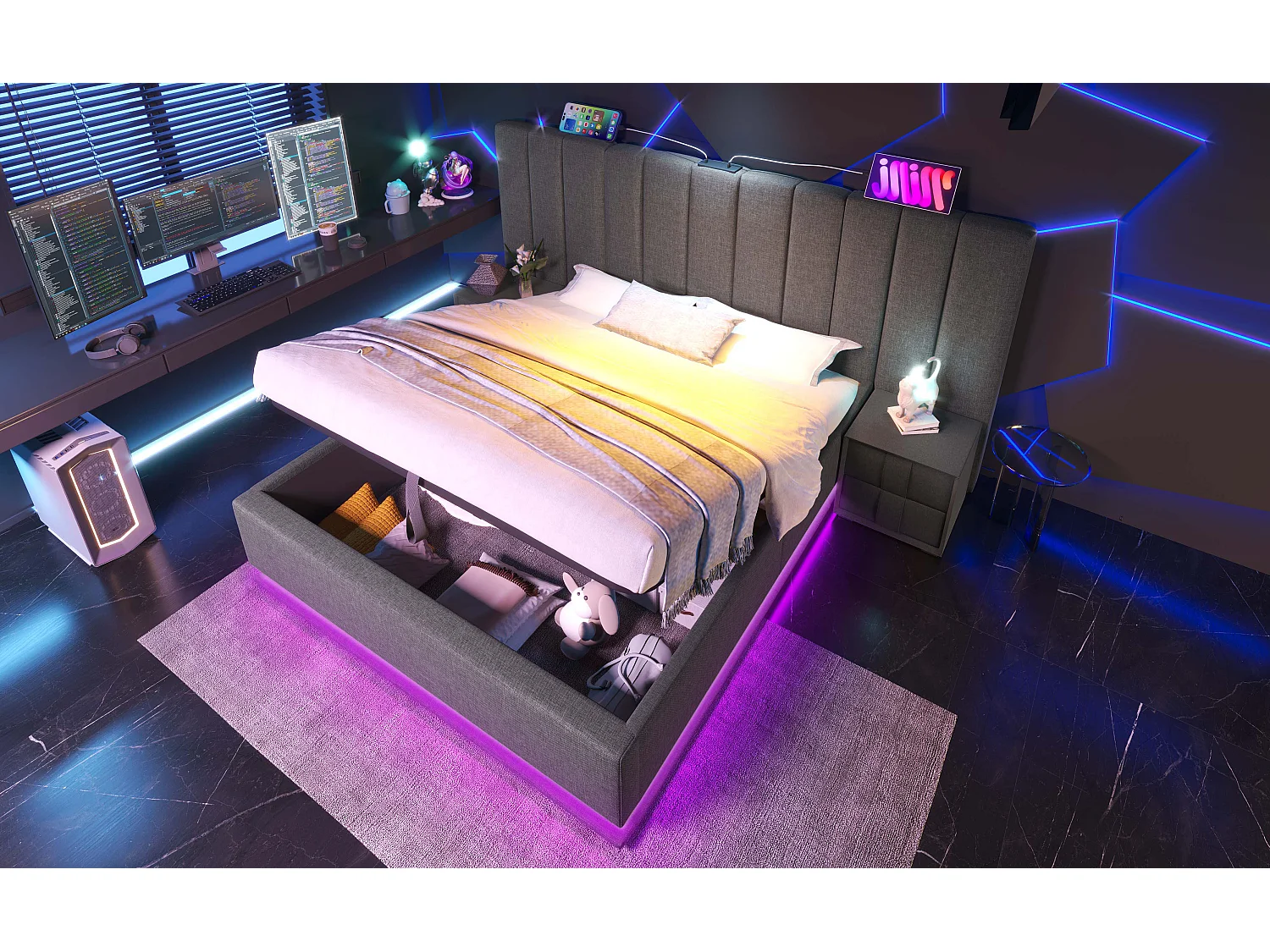 Lit rembourré 180×200 cm, lit double avec fonction de rangement, contrôle LED et charge USB-C, cadre avec lattes