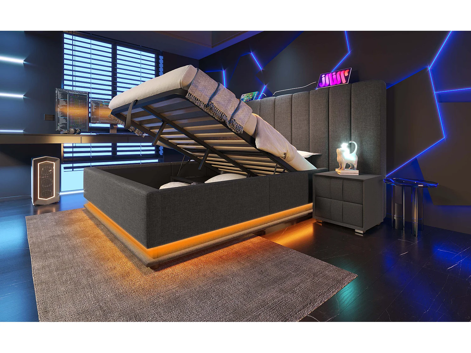 Lit rembourré 180×200 cm, lit double avec fonction de rangement, contrôle LED et charge USB-C, cadre avec lattes