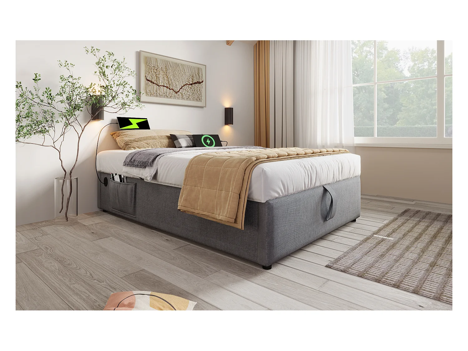 Lit simple 90×200 cm, lit avec rangement hydraulique, USB-C, en coton gris, sans tête de lit