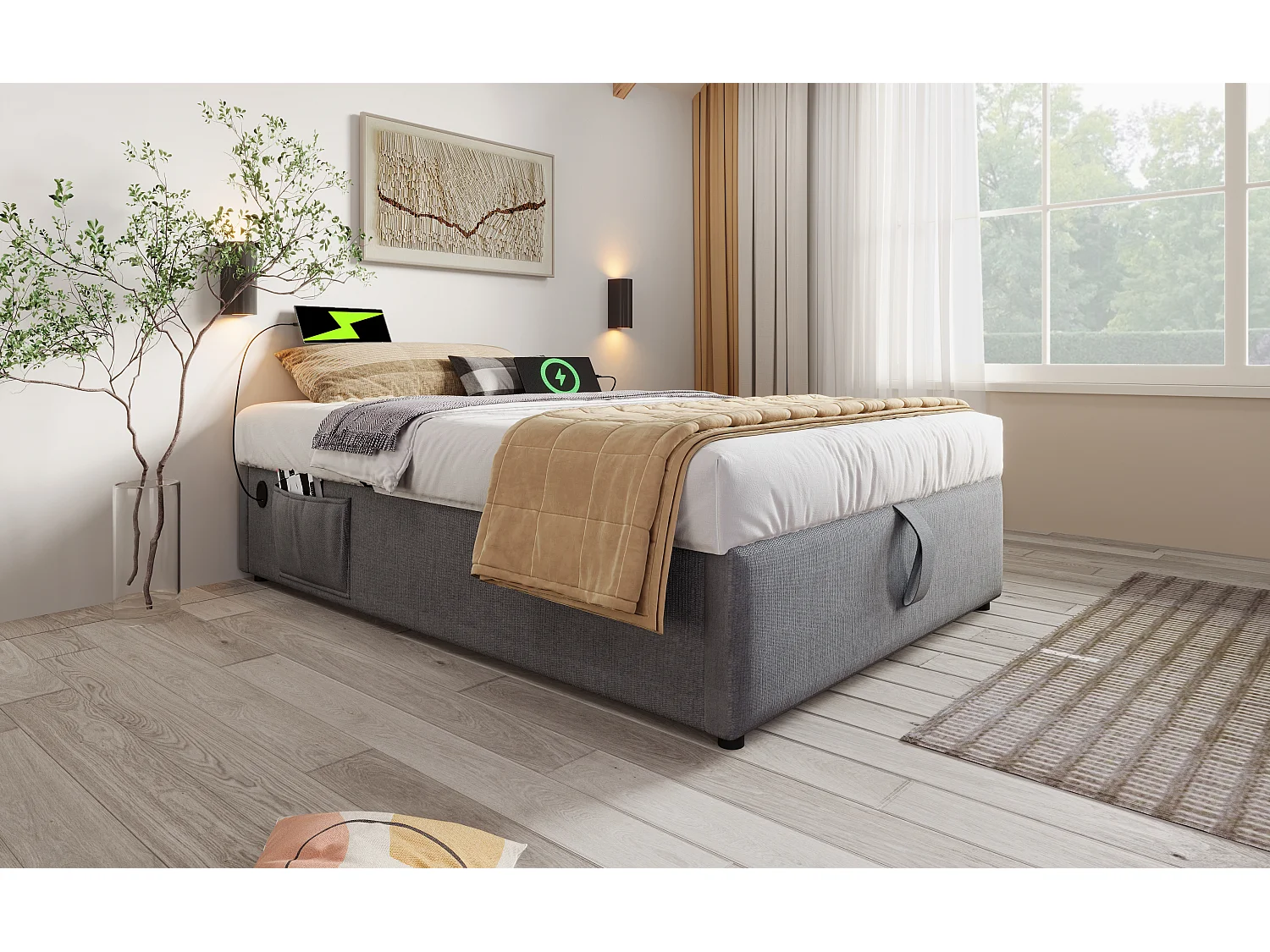 Lit simple 90×200 cm, lit avec rangement hydraulique, USB-C, en coton gris, sans tête de lit