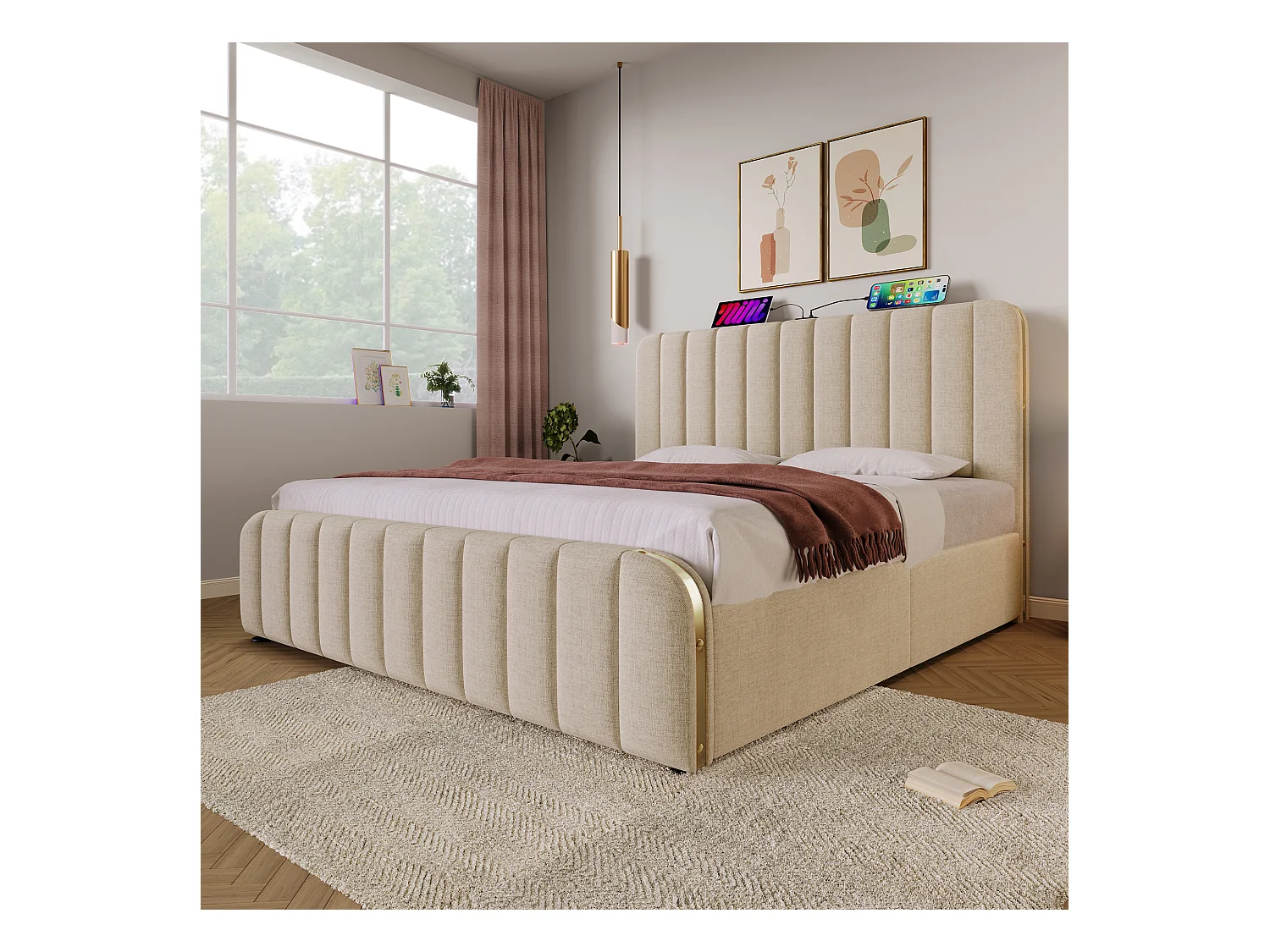 Lit double 180×200 cm en lin beige avec tête de lit rembourrée et ports USB intégrés