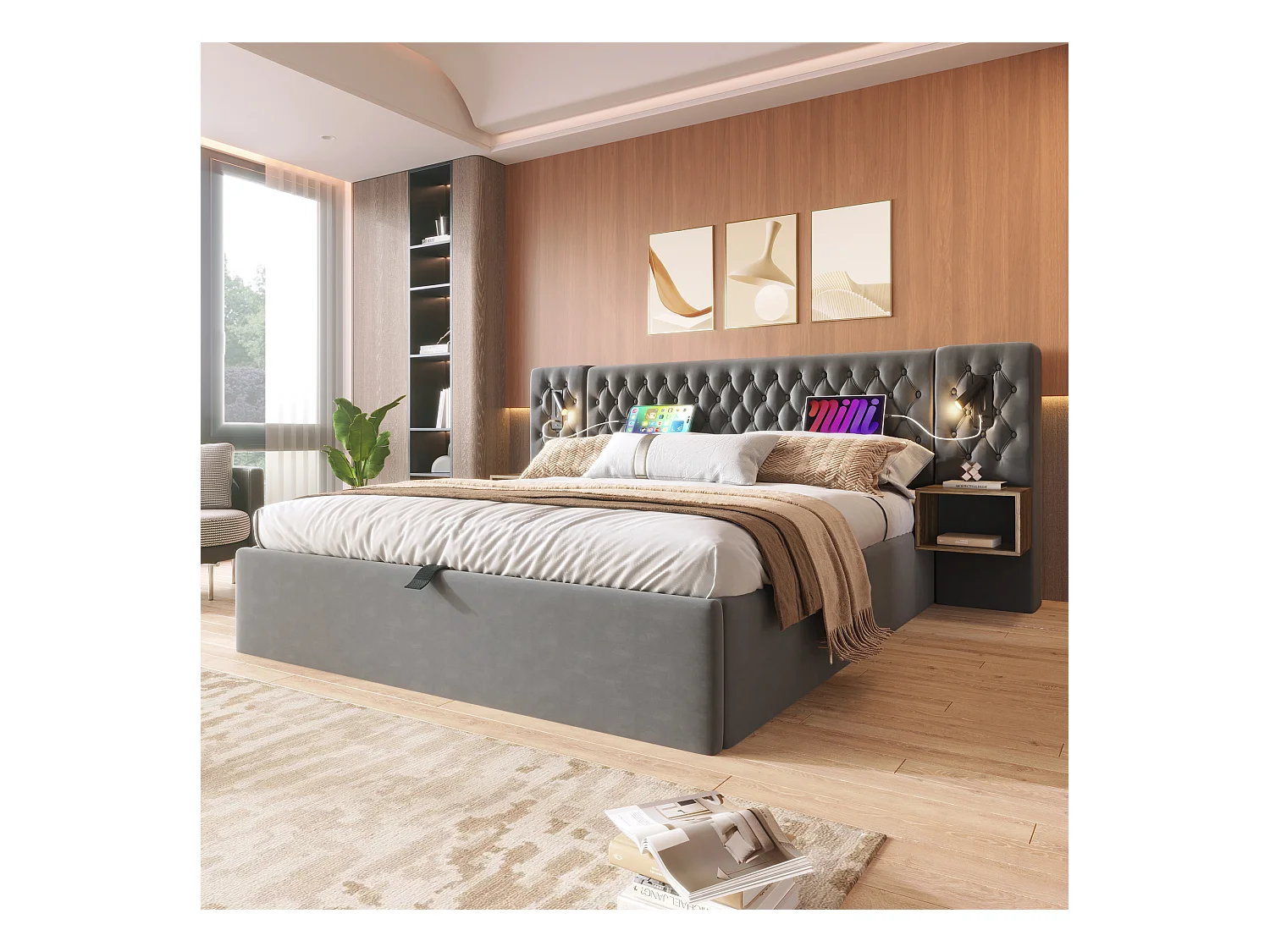 Lit double 180×200 cm en velours gris avec 2 tables de nuit et éclairage USB intégré